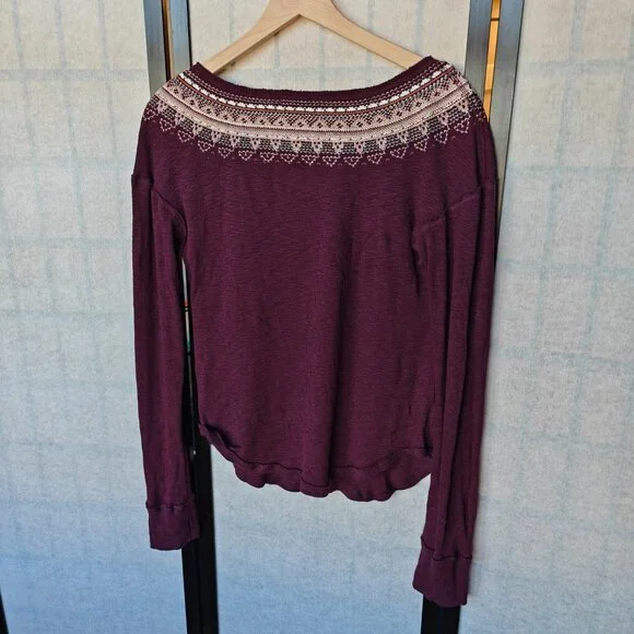 Free People Fair Isle Burgundy Purple Embroidered Thermal Top With Thumbholes - Picture 8 of 13